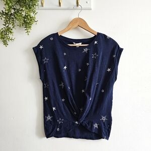 Lucky Brand Women’s Small Navy Star Embroidered Twist Front Knot Hem Tee NWT